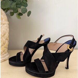Stuart Weitzman Women Sz 8.5 Black Suede Platform Slingback Heels Gold Buckle